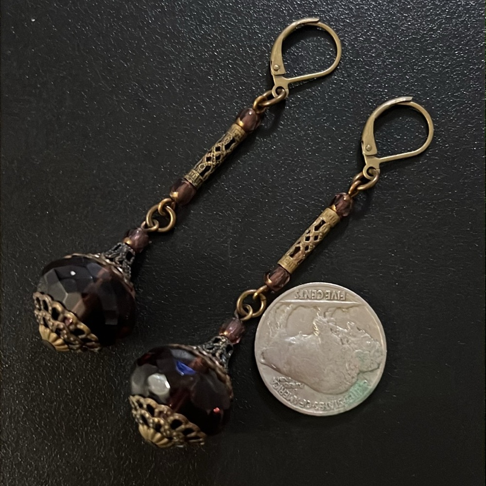 Antique Art Nouveau Bronze Filagree Purple Czech Glass Beaded Drop Earrings - Picture 15 of 15